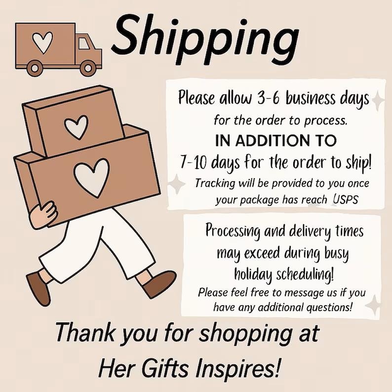 K&ouml;nnte beinhalten: Eine Informationsgrafik mit der &Uuml;berschrift Shipping, die einen Lieferwagen und eine Person mit zwei braunen Kartons mit wei&szlig;en Herzsymbolen zeigt. Der Text enth&auml;lt Angaben zu Bearbeitungs- und Versandzeiten, Feiertagsverz&ouml;gerungen und Dank.