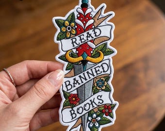 Read Banned Books Embroidered Patch, Burning Book Iron On Badge