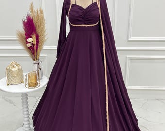 Georgette Anarkali Gown With Dupatta, Flared Indian Wedding Guest Outfit, Ethnic Party Wear Dress