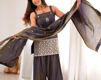 Charcoal Grey Vichitra Silk Punjabi Farshi Shalwar Kameez Sequence Zari Work Kurti Set Mirror Border Dupatta Stitched Wedding Suit