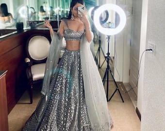 Grey Silk Sequins Lehenga Choli Heavy Sequence Work Skirt Glossy Organza Dupatta Indian Wedding Reception Sangeet Glam Outfit