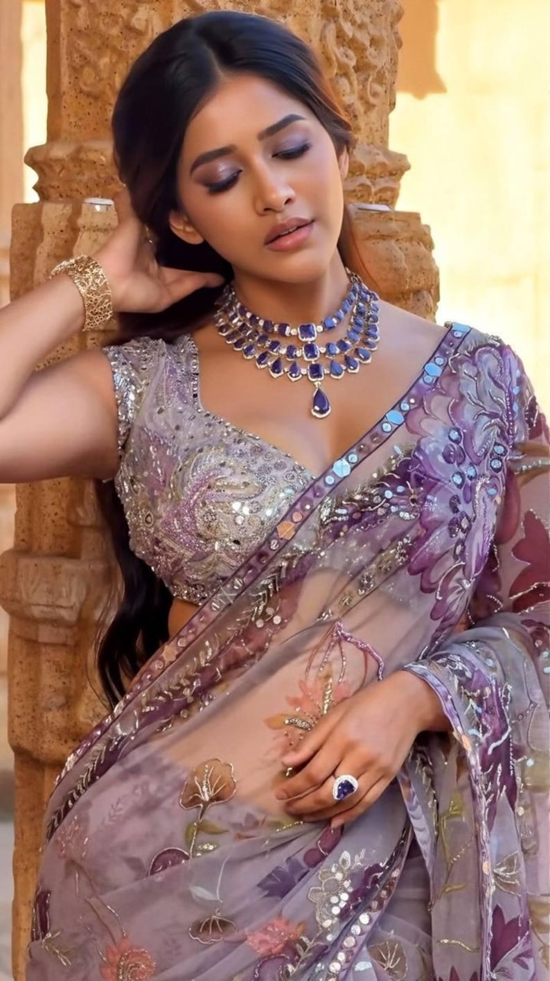 May include: A woman wearing a sheer, lavender sari with floral embroidery and a silver-embroidered blouse. She is adorned with a layered blue gemstone necklace, a matching ring, and a gold bracelet. The sari features purple and pink floral patterns.