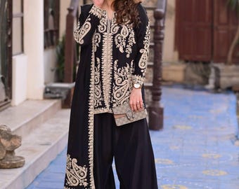 Black Palazzo Suit Set for Women, Premium Cross Stitch Embroidery Kurti Georgette Indian Wedding Guest Outfit Eid Party Wear Dress