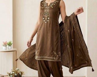 Bronze Glass Roman Kurta Set with Coin Tassels, Pakistani Suit, Indian Wedding Guest Outfit, Brown Salwar Kameez, Eid Party Wear Dress