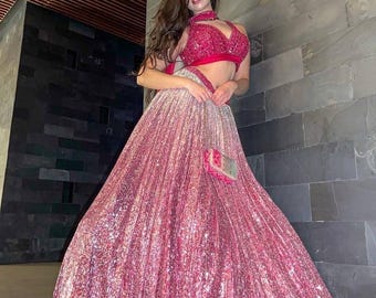 Satin Silk Lehenga with Sequin Work | 3M Flair Wedding Outfit, Party Wear Dress