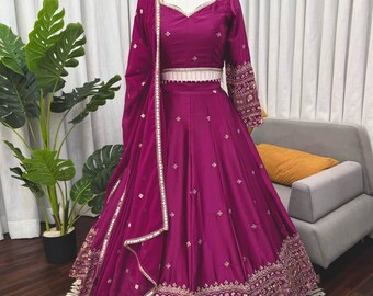 Elegant Satin Lehenga Set with Dupatta | Indian Wedding Festive Party Outfit for Women
