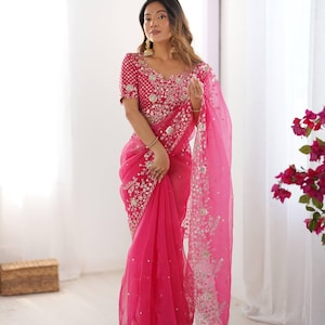 Organza Silk Saree with Embroidery | Elegant Party Wear Indian Wedding Outfit