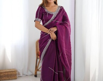 Silk Saree with Embroidery Blouse | Sequin Party Wear for Women | Indian Wedding Outfit