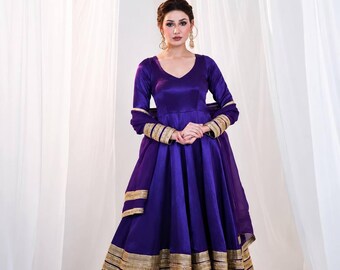 Royal Purple Silk Anarkali Gown Set, Sequence Coding Work Flared Dress with Pant Dupatta, Indian Wedding Guest Suit, Criss Cross Back Dori