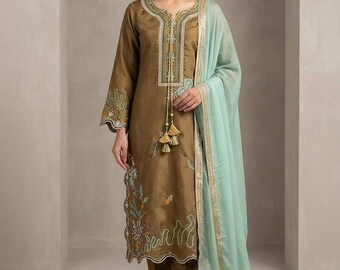Olive Gold Pakistani Suit Set, Mint Green Dupatta, Glass Roman Silk Kurta Pant, Indian Wedding Guest Outfit, Eid Festive Wear Dress