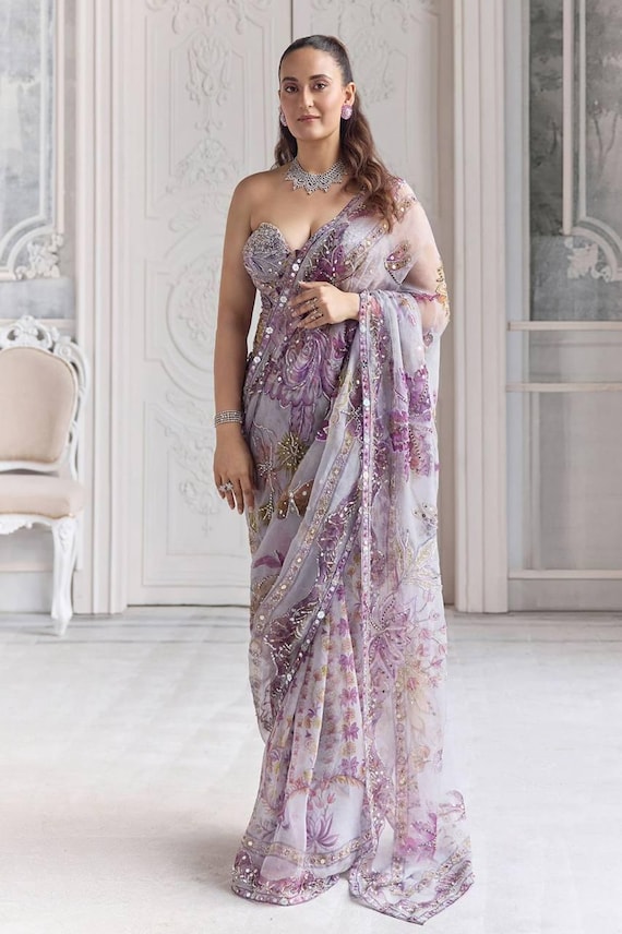 Lavender Tebi Silk Digital Print Saree with Original Mirror Work and Embroidered Silk Blouse