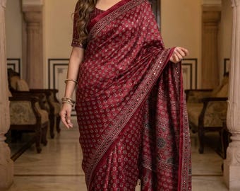 Ajrakh Print Satin Silk Saree with Real Mirror Work and Fancy Pearl Moti Tassels