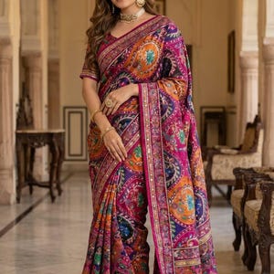 Ajrakh Print Roman Silk Saree with Real Mirror Work and Kodi Latkan for Women