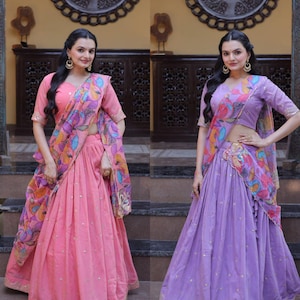 Dupatta en soie Lehenga Choli rose lavande avec sequins de soie tigré brodés et brodés