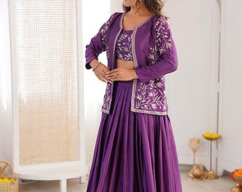 Embroidered Chinon Silk Lehenga Choli Set with Jacket | Indian Bridal Wedding Outfit