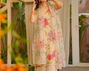 Floral Printed Organza Silk Kurti Set with Sequin Work Palazzo and Dupatta for Women