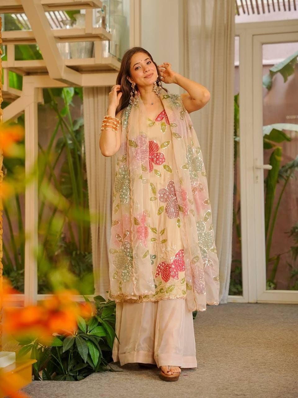 open lace back dress Green Anya: Summer Floral Indian Organza Gown Set
