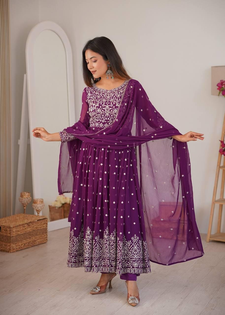 fitted lace wedding dress Dark purple Georgette Anarkali dress- Evolet with dupatta