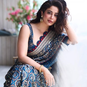 Traditional Ajrakh Print Saree with Sequin Embroidery and Latkan Tassels