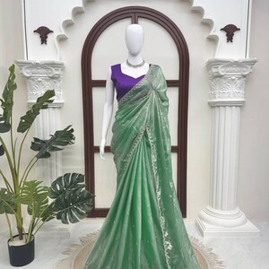 Mint Green Silk Saree with Purple Unstitched Blouse, Sequin Border Indian Wedding Guest Outfit, Bridesmaid Saree, Pastel Festive Dress