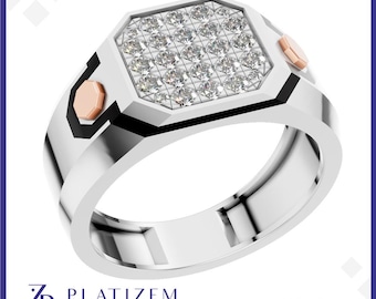 Mens Platinum Signet Ring, Lab Diamond Pave Cluster Ring, Statement Ring, Moissanite Ring, Personalized Engagement Ring Gift for Him