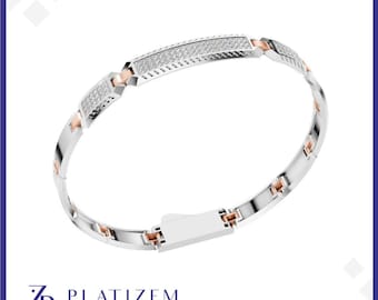 Mens Platinum Diamond Bracelet, Two Tone Gold Link Bracelet, Black Enamel Jewelry, Luxury Statement Bracelet for Him.