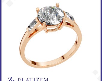 Round Diamond Solitaire Ring, Three Stone Ring, Lab Grown Diamond Ring, Gold Engagement Ring, Baguette Side Stone Ring