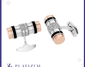 Men’s Diamond Cufflinks – Cylindrical Design, Pave Set, Black Accent Luxury Cufflinks for Him