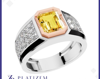 Men’s Platinum November Birthstone Diamond Ring – Citrine Emerald Cut Two Tone Band