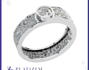 Mens Platinum Diamond Ring, Solitaire Pave Ring, Unique Engagement Ring for Him, Lab Diamond or Moissanite Ring, Modern Mens Jewelry