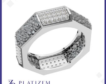 Mens Platinum Diamond Ring, Geometric Signet, 14kt gold Band, Lab Diamond or Moissanite Ring, Unique Mens Jewelry.