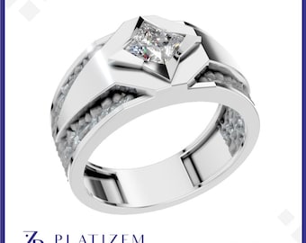 Men’s Princess Diamond Ring – Modern Textured Band, Luxury Engagement / Fashion Ring for Him