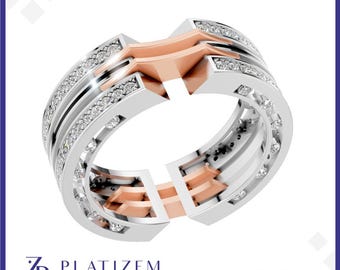 Men’s Diamond Cross Ring – Platinum with Gold Two Tone Band with Black Enamel