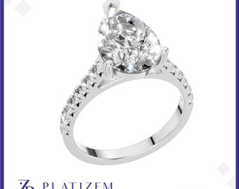 Pear Shape Solitaire Diamond Engagement Ring, Lab Grown Diamond Ring, Pave Band Ring, Gold Engagement Ring, Teardrop Ring