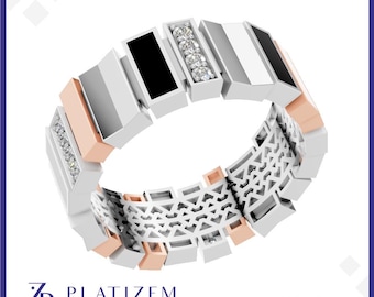 Mens Diamond Ring, Two Tone Gold Ring, Black Enamel Band, Wedding Ring for Him, Statement Ring, Lab Diamond or Moissanite