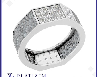Mens Diamond Ring, Platinum Statement Ring for Him, 18K Gold Pave Wedding Ring, Lab Diamond Signet Style Mens Jewelry