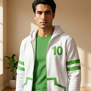 May include: White zip-up hoodie with green accents, featuring green stripes on the sleeves and the number "10" on the chest. The hoodie is worn over a green t-shirt. The person in the image is looking directly at the camera.