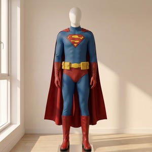 Pode incluir: Um manequim de corpo inteiro veste um traje azul com um emblema de peito vermelho e amarelo, uma capa vermelha, luvas vermelhas, botas vermelhas e um cinto utilitário amarelo com dois bolsos. O traje inclui uma cueca vermelha sobre a calça.