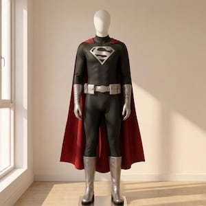 Pode incluir: Um traje de super-herói de corpo inteiro num manequim, apresentando um fato preto de manga comprida com um emblema S prateado no peito, uma capa vermelha comprida, um cinto utilitário prateado com bolsas, luvas e botas prateadas.