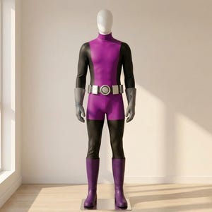 May include: A full-body costume featuring a purple and black bodysuit with a high neck, long sleeves, and shorts. The outfit includes a silver metallic belt with a circular buckle, grey gloves, and knee-high purple boots worn on a white mannequin.