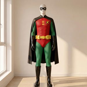 May include: A full-body superhero costume on a mannequin featuring a red top with a yellow R emblem, green sleeves and leggings, a black cape, a yellow utility belt, black gloves, black boots, and a white mask with black eye cutouts.