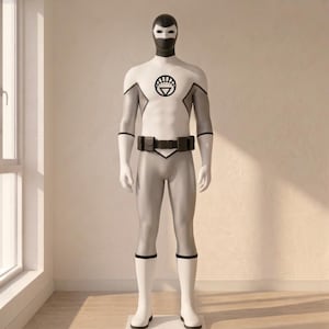 Pode incluir: Um traje de super-herói de corpo inteiro em um manequim, apresentando um macacão branco e cinza com uma máscara preta. O peito exibe um emblema circular preto do White Lantern Corps. Um cinto utilitário preto é usado na cintura do traje.