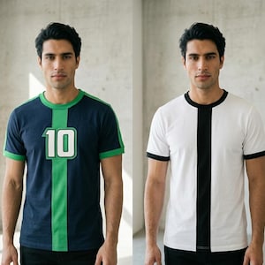 May include: Two short-sleeved t-shirts. One is navy blue with green trim and a large white number 10. The other is white with black trim and a vertical black stripe down the center. Both shirts are worn by a person.