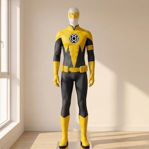Puede incluir: Un disfraz de superhéroe de cuerpo completo sobre un maniquí con un esquema de colores amarillo y negro. El traje incluye una máscara amarilla, un emblema en el pecho con un logo circular, guantes largos amarillos, un cinturón y botas amarillas.