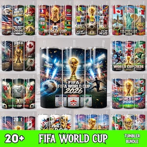 以下が含まれることがあります： FIFAワールドカップ2026のグラフィックが施された円筒形のタンブラーコレクション。トロフィー、サッカーボール、スタジアムの風景、アメリカ、カナダ、メキシコの国旗、そして鮮やかな多色のデザインで描かれた様々な選手のイラストが含まれています。