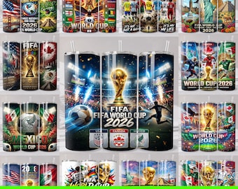 Paquete de más de 20 diseños PNG para vasos de la Copa Mundial de la FIFA 2026 / Diseño de sublimación para vasos delgados de 20 oz / Descarga digital de la Copa de Fútbol de EE. UU., México y Canadá