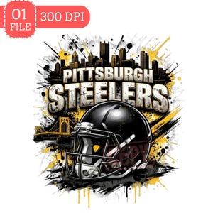 Peut inclure: Un design graphique représentant un casque de football américain noir sous le texte Pittsburgh Steelers en police métallique. L'arrière-plan présente un effet d'éclaboussures de peinture noire et jaune, une silhouette urbaine et un pont suspendu jaune.