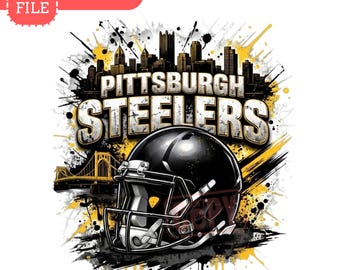 May include: A graphic design featuring a black football helmet centered below the text Pittsburgh Steelers in a metallic font. The background includes a black and yellow paint splatter effect, a city skyline silhouette, and a yellow suspension bridge.