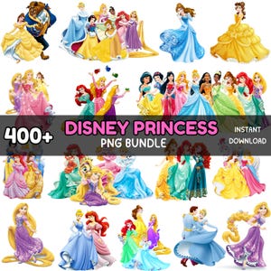 May include: A digital PNG bundle featuring over 400 Disney Princess images. The princesses are depicted in various poses and outfits, with vibrant colors and detailed designs. The text "Disney Princess PNG Bundle" is displayed.