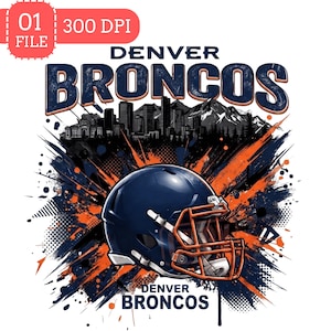 Puede incluir: Un diseño gráfico que muestra un casco de fútbol americano azul oscuro con una rejilla naranja, sobre un fondo del horizonte de Denver y montañas. El texto dice DENVER BRONCOS arriba y abajo, con una etiqueta 01 FILE 300 DPI en la esquina.